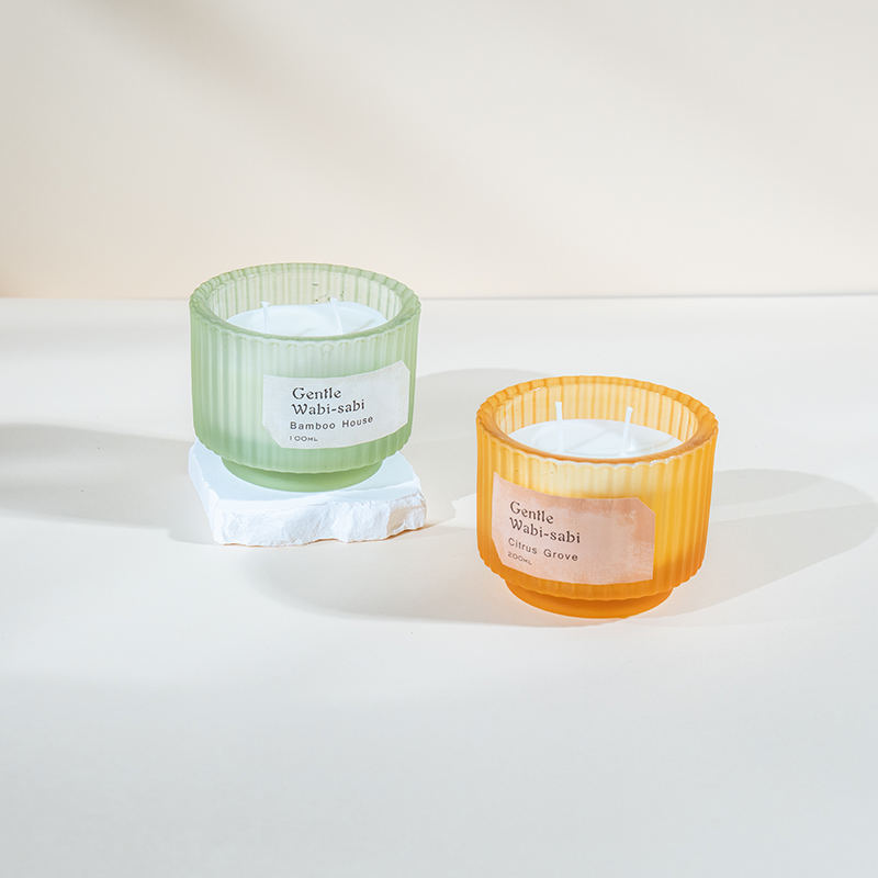 Dikey çizgili yuvarlak cam mumluk kokulu mumlar-eko soya balmumu mum satıcısı