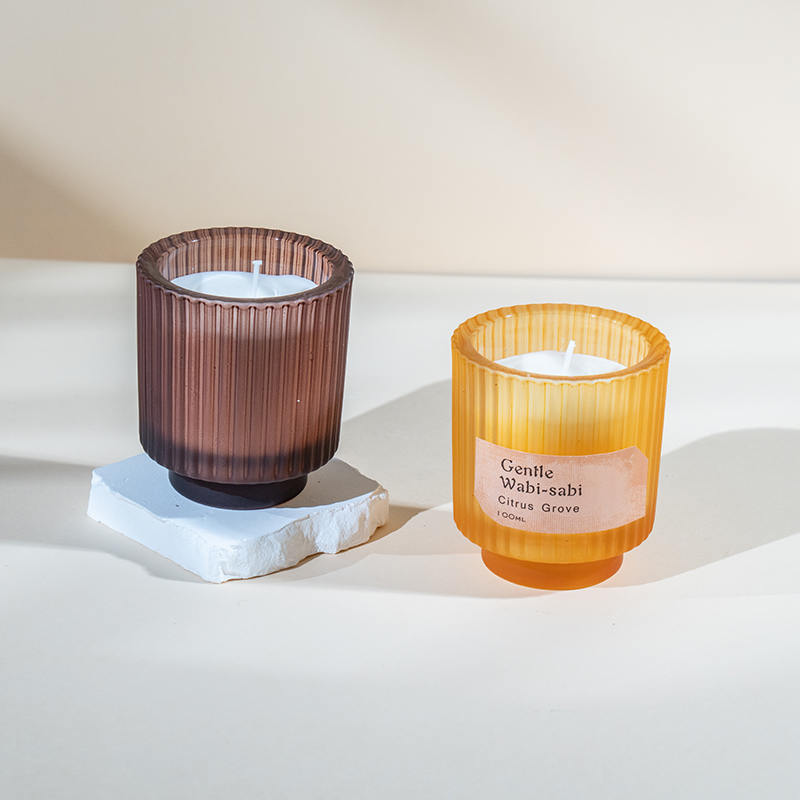 Dikey çizgili yuvarlak cam mumluk kokulu mumlar-eko soya balmumu mum satıcısı