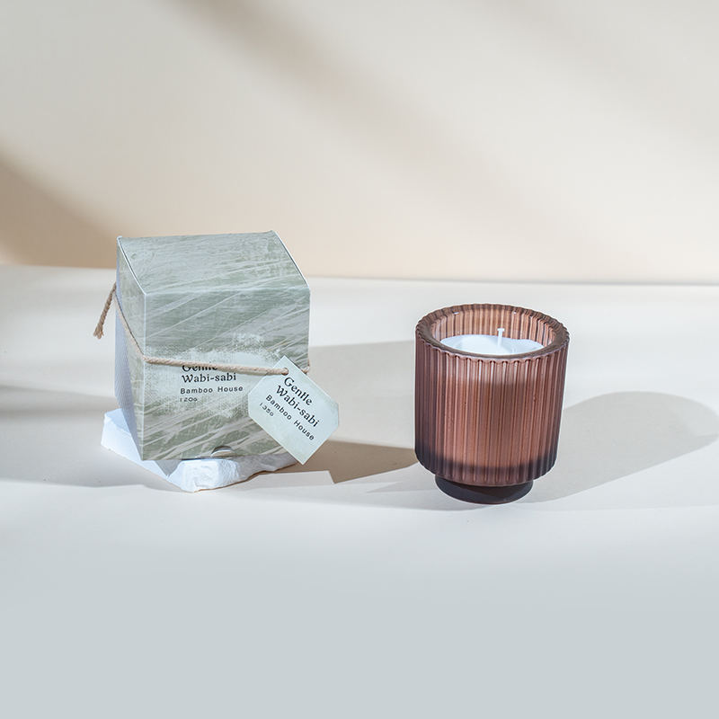 Dikey çizgili yuvarlak cam mumluk kokulu mumlar-eko soya balmumu mum satıcısı